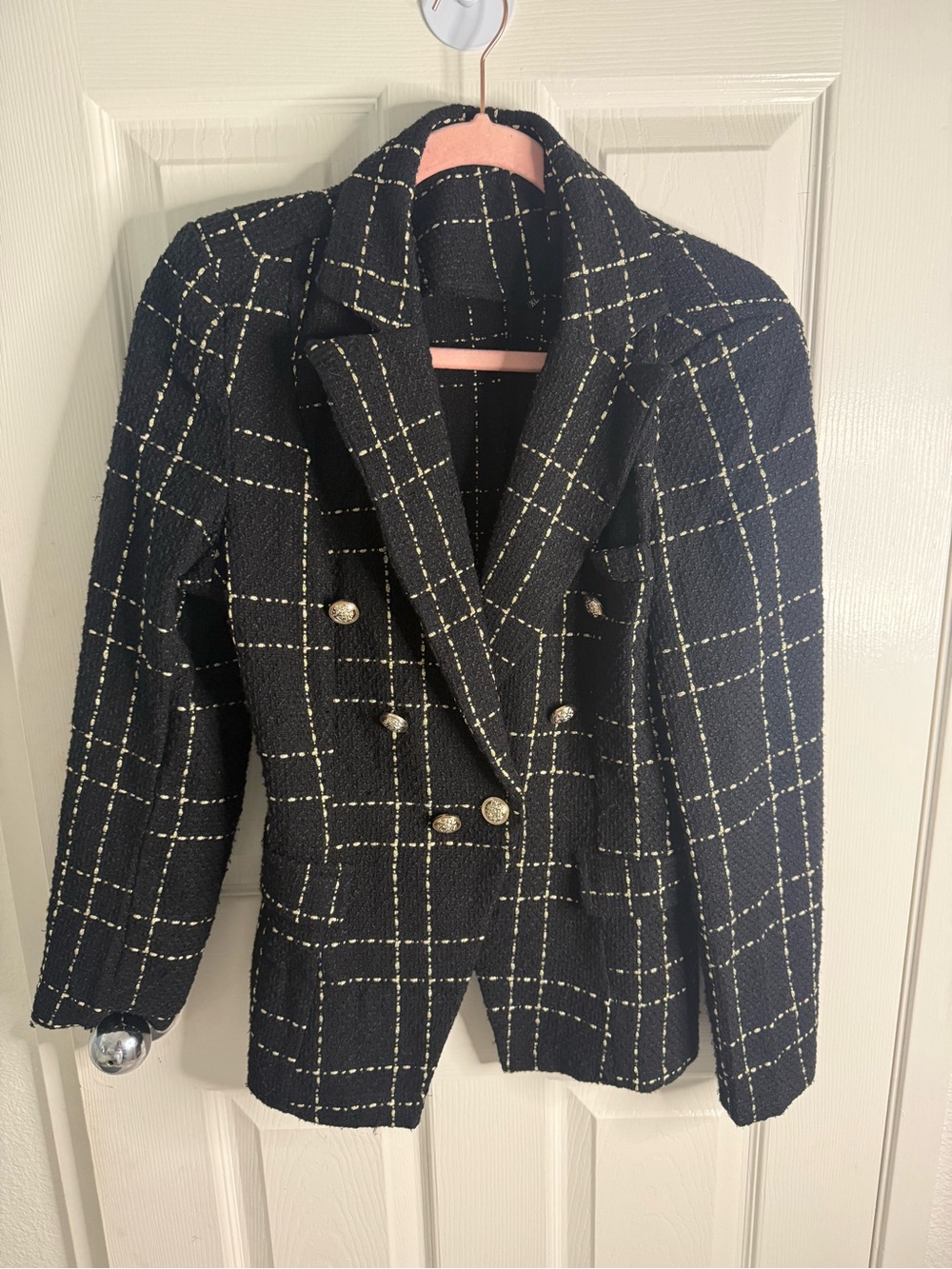 Black and Gold Double-Breasted Tweed Blazer